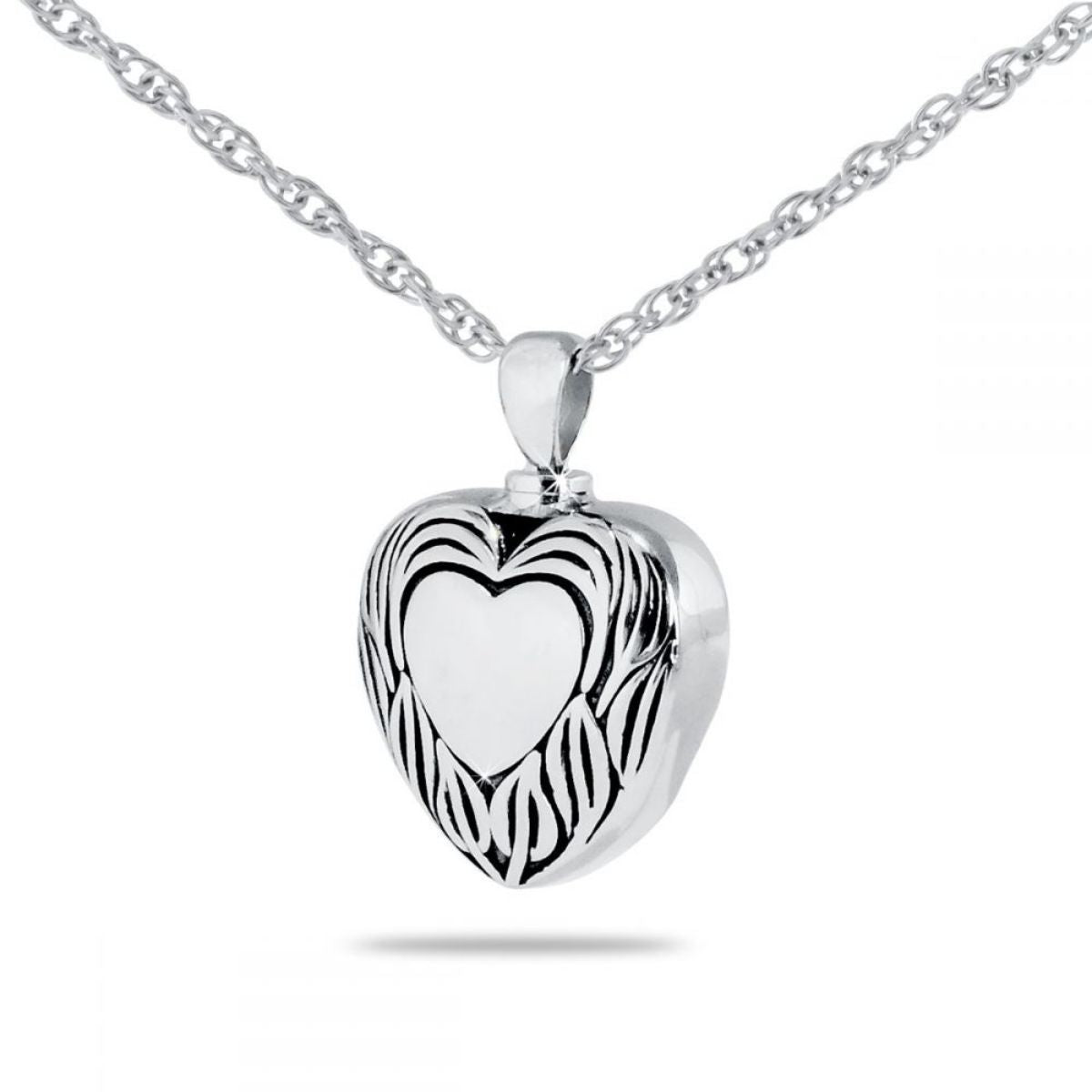 Smooth silver heart-shaped cremation pendant with a polished finish, on a silver chain