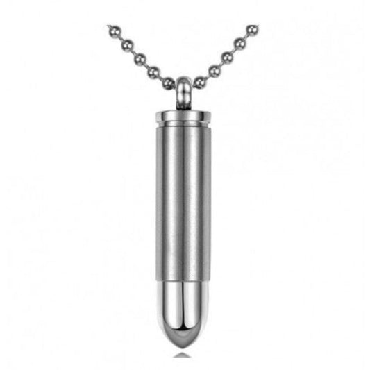 Silver pendant shaped like a .357 Magnum bullet casing with a threaded top opening