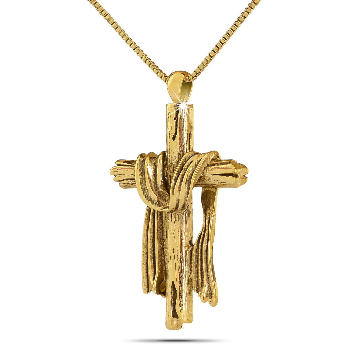 Gold-tone steel cremation pendant in the shape of a plain Latin cross