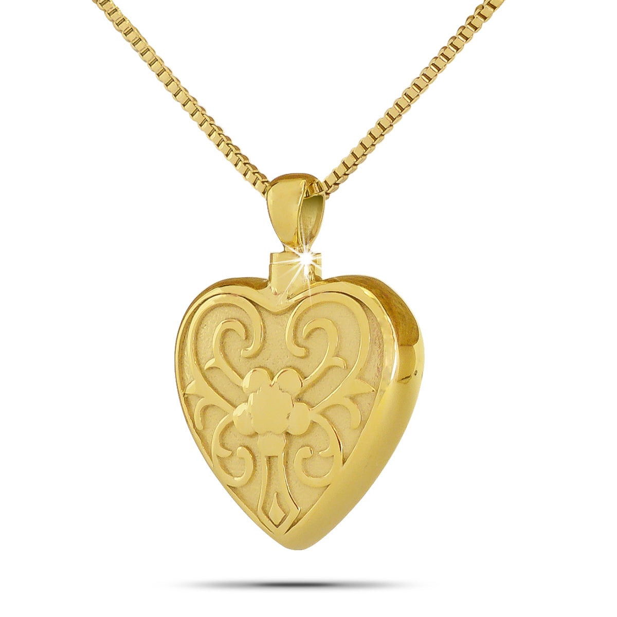 Gold-toned steel heart pendant with a raised flower across the front and a top opening