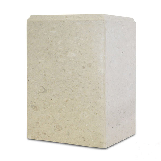 Compact rectangular cream stone cremation urn with square corners and a flat top