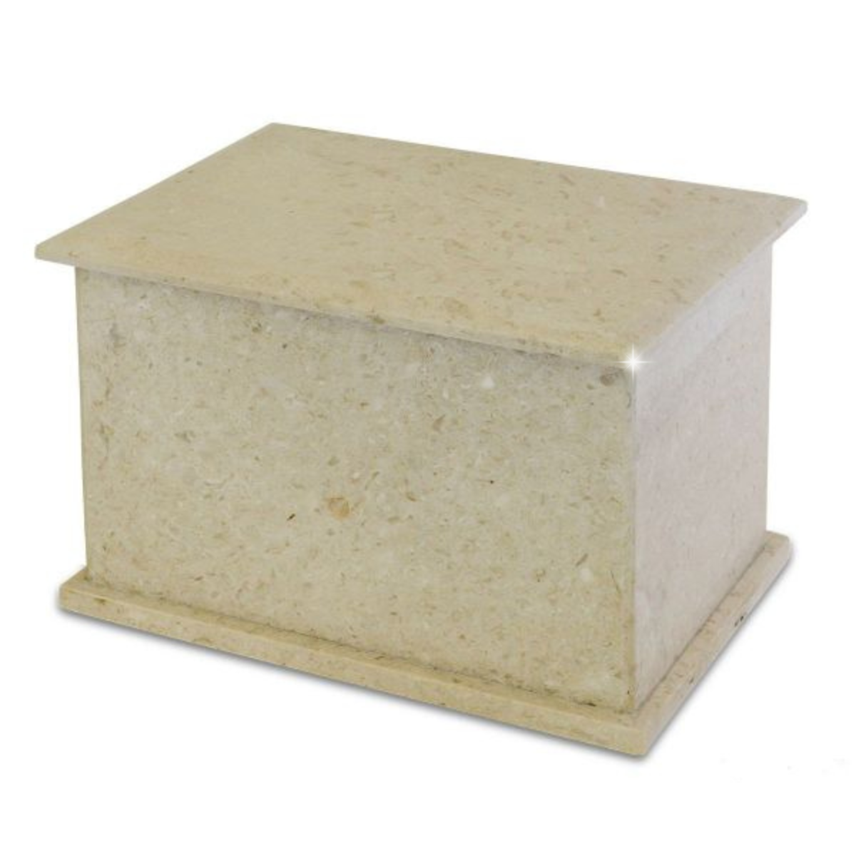 Wide off-white stone cremation urn with faint gray veining and a broad flat top