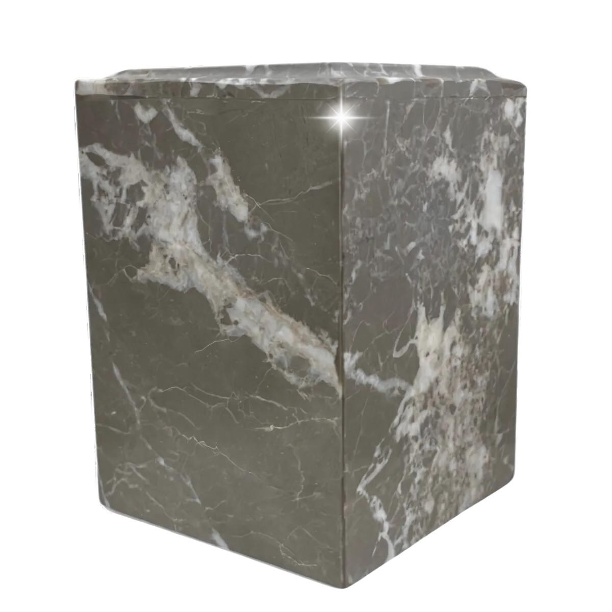 Small rectangular stone cremation urn in brown and rust tones with visible banding