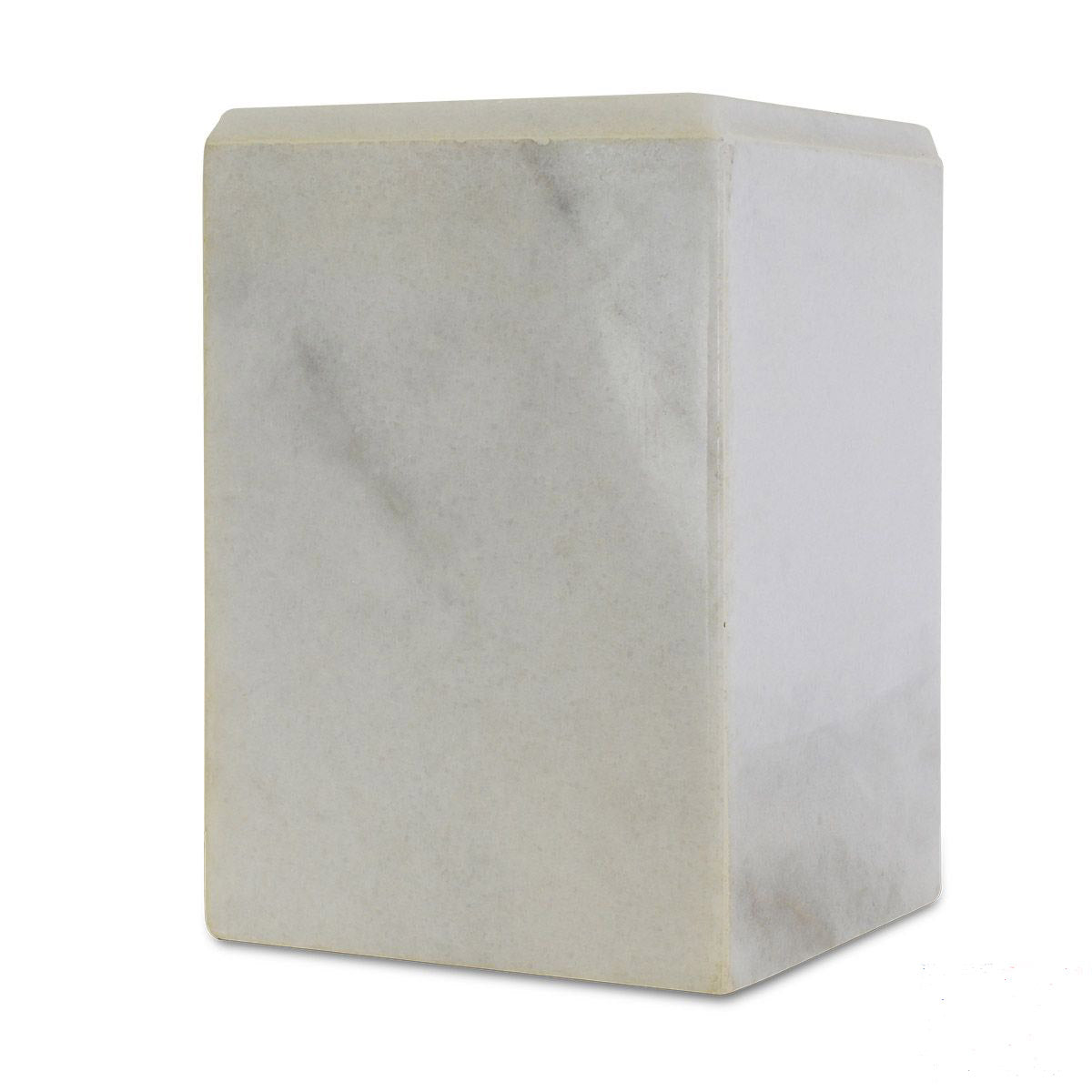 Rectangular white stone cremation urn with a soft matte finish and squared corners