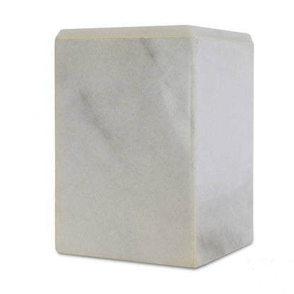 Rectangular white stone cremation urn with a soft matte finish and squared corners