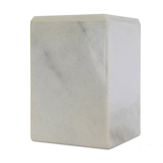 Rectangular white stone cremation urn with a soft matte finish and squared corners