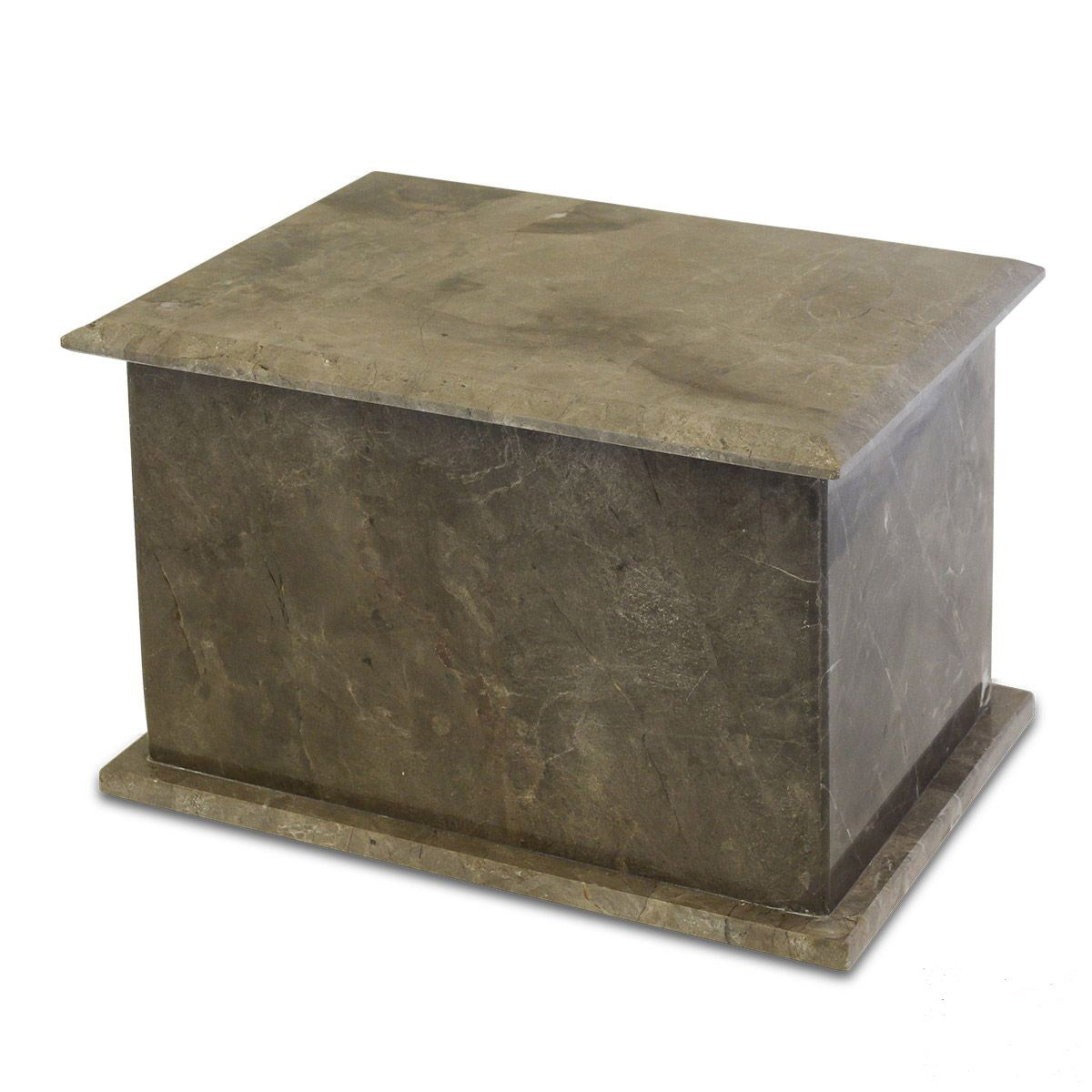 Low rectangular stone cremation urn with a plain polished face and no ornament