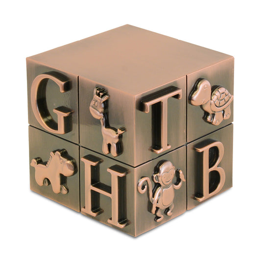 Small copper colored metal urn shaped as a four inch cube with plain unmarked faces