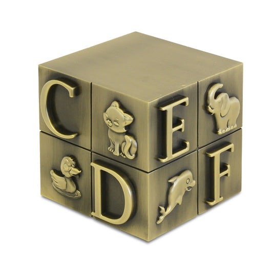 Cube-shaped infant urn in metal with a bronze finish and plain flat sides