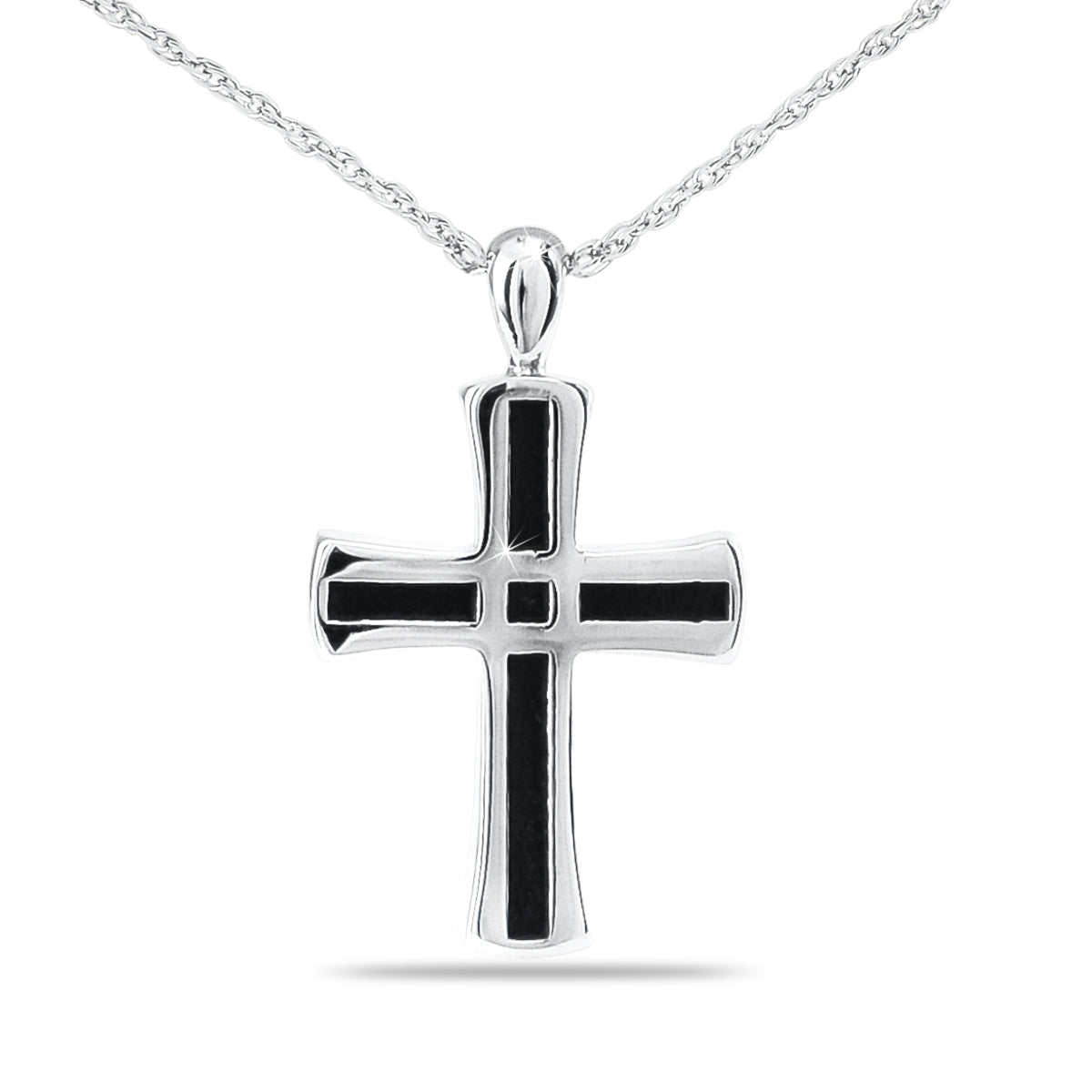 Silver cross pendant with chain-link texture worked along the arms and upright