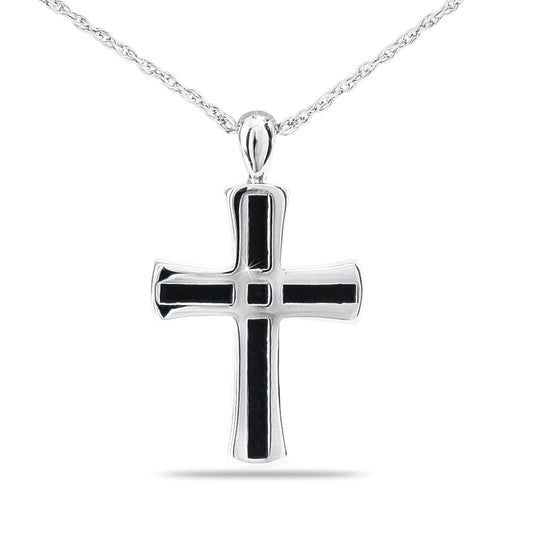 Silver cross pendant with chain-link texture worked along the arms and upright