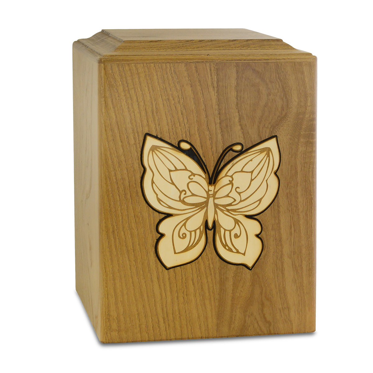 Wooden cremation urn with gold-toned butterflies rising across the front panel