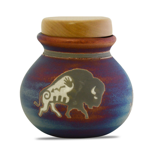 Raku ceramic keepsake urn with bison in relief and a smoke-darkened crackle glaze