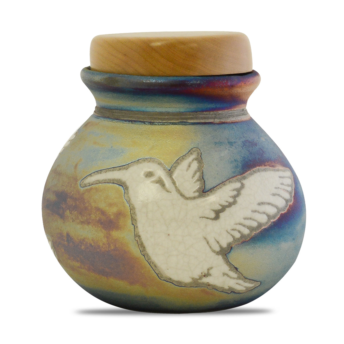 Round raku ceramic keepsake urn with western garden motif over a smoke-crackled glaze