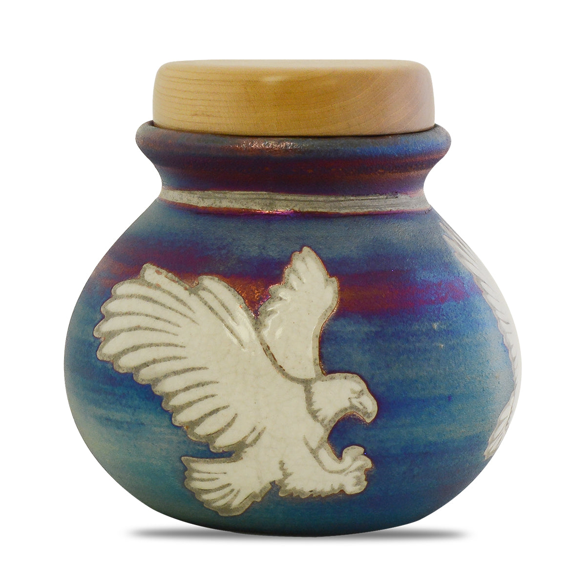 Raku ceramic keepsake urn with an eagle in relief under a crackled copper-toned glaze