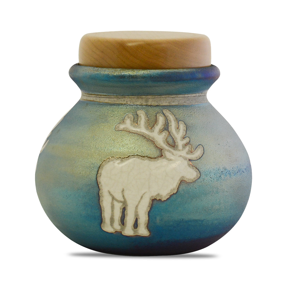 Raku ceramic keepsake urn with a bull elk motif and a crackled bronze-toned glaze
