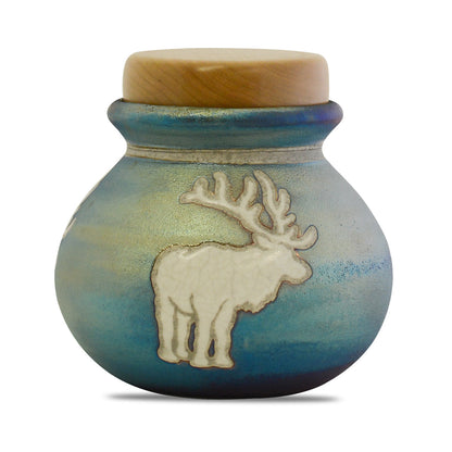 Raku ceramic keepsake urn with a bull elk motif and a crackled bronze-toned glaze