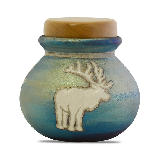 Raku ceramic keepsake urn with a bull elk motif and a crackled bronze-toned glaze