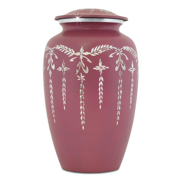 Light pink aluminum cremation urn with a shimmer finish and diamond-cut faceting