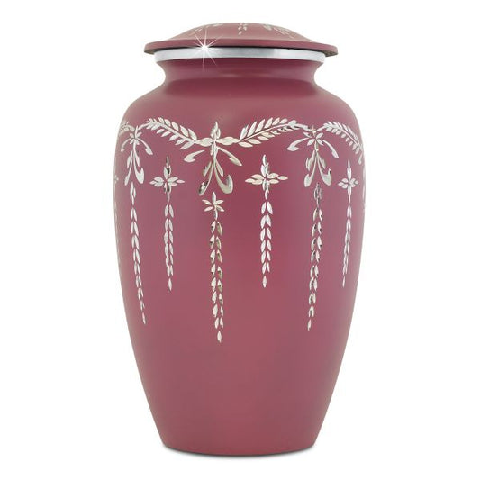 Light pink aluminum cremation urn with a shimmer finish and diamond-cut faceting