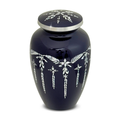 Purple aluminum cremation urn with faceted diamond-cut bands catching the light