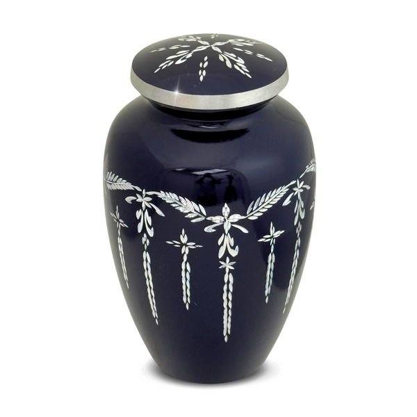 Purple aluminum cremation urn with faceted diamond-cut bands catching the light