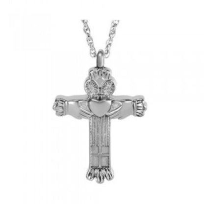 Cross pendant in silver-finished steel with a Claddagh crowned heart at the center