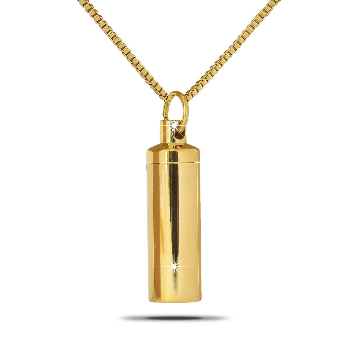Slim gold-toned steel cylinder pendant with a screw top, strung on a chain