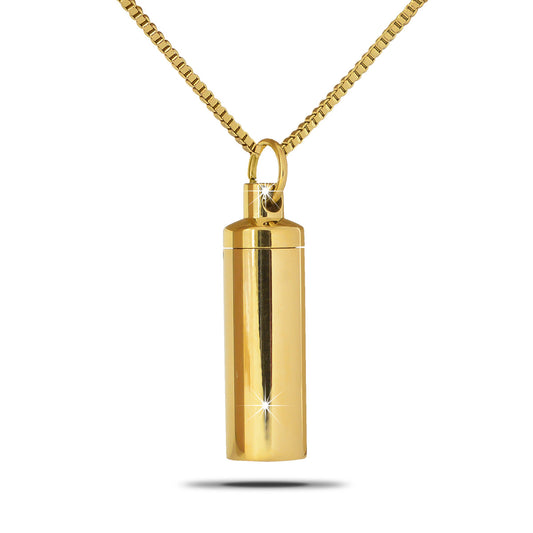 Slim gold-toned steel cylinder pendant with a screw top, strung on a chain