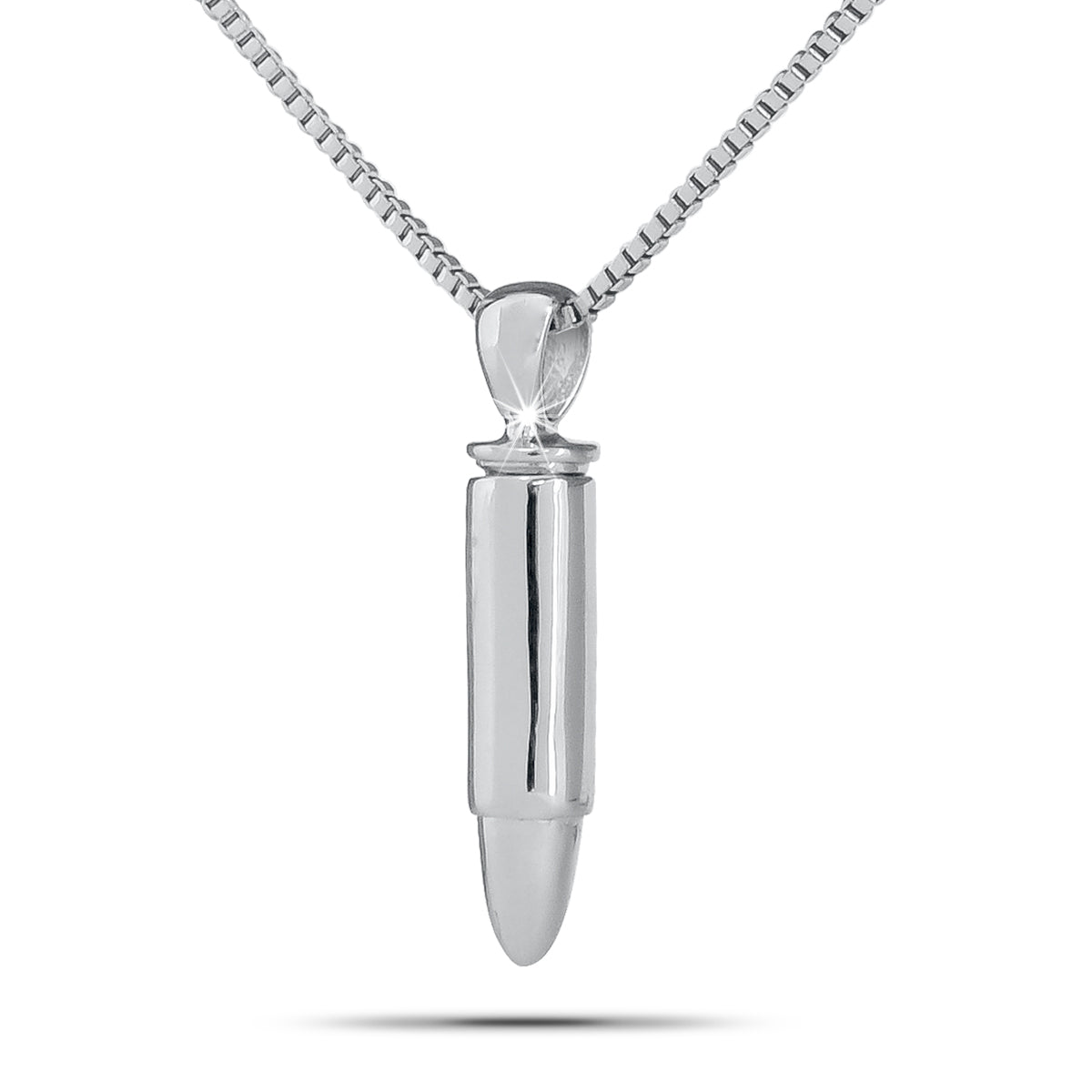 Silver cremation pendant shaped like a rifle cartridge, polished, hanging from a bail