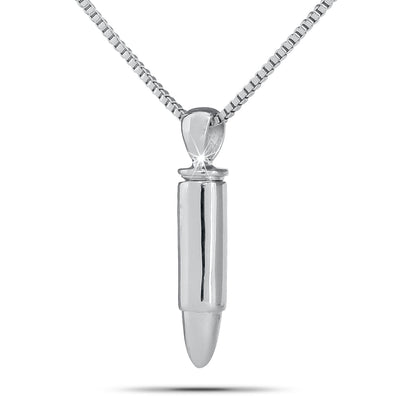 Silver cremation pendant shaped like a rifle cartridge, polished, hanging from a bail