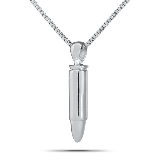 Silver cremation pendant shaped like a rifle cartridge, polished, hanging from a bail