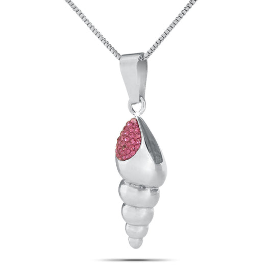 Stainless steel scallop shell pendant with a small red stone set near the base