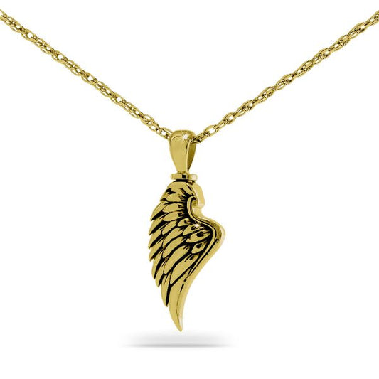 Gold-tone steel pendant shaped as a single feathered angel wing on a chain