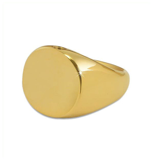 Men's gold-toned steel cremation ring with a wide polished band and beveled edges