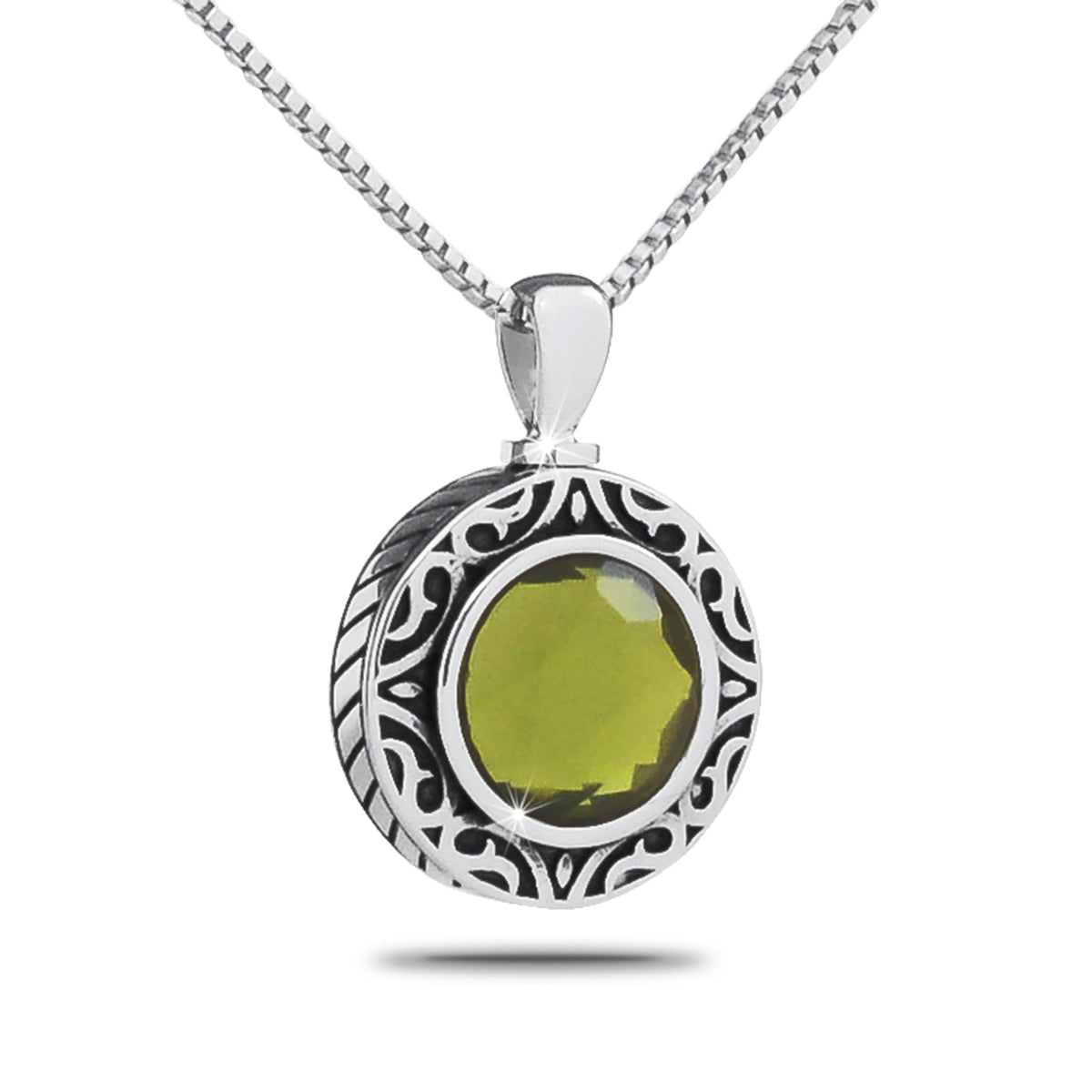 Steel cremation pendant with a pale light green August birthstone in a square setting