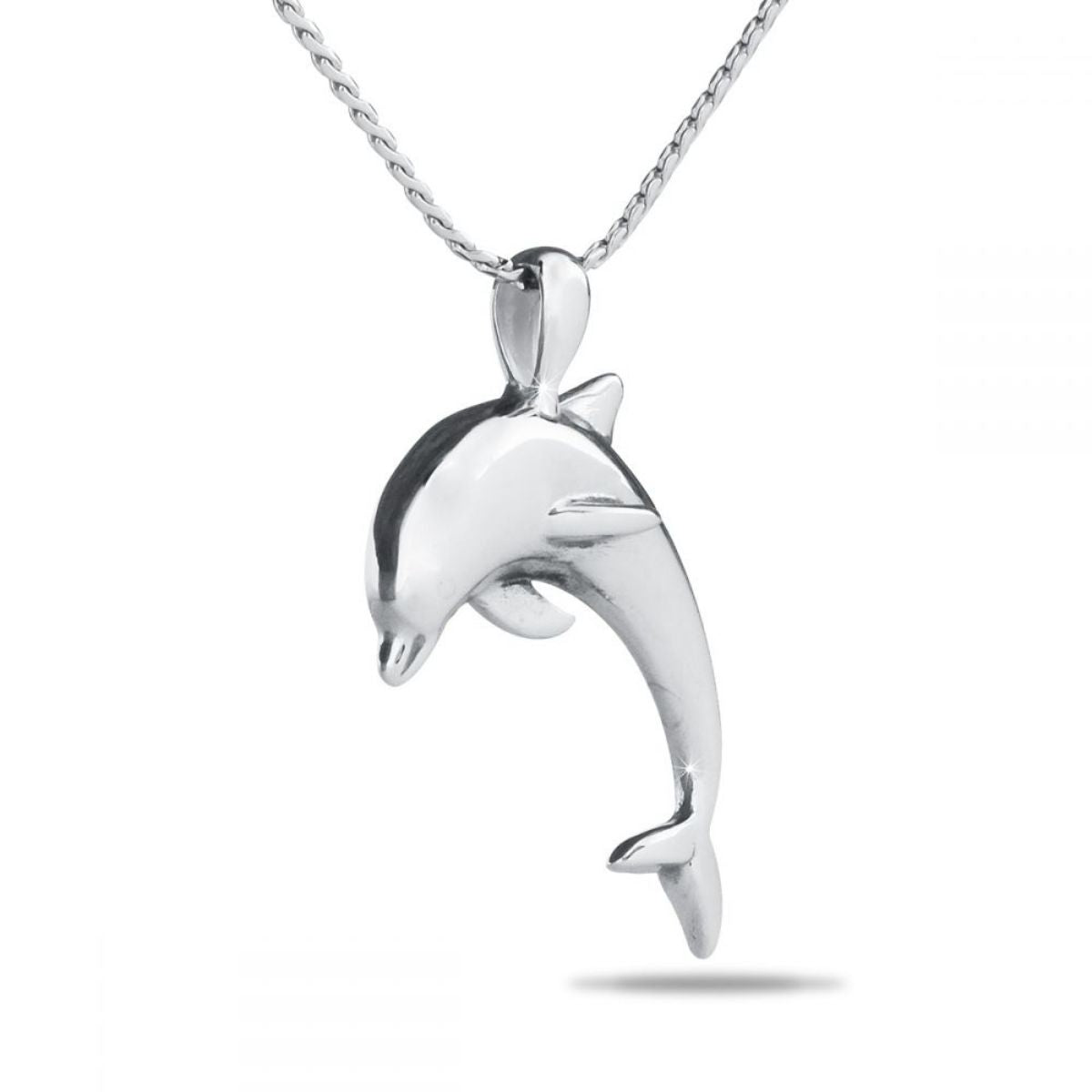 Sterling silver dolphin-shaped cremation pendant with a bright polished finish, on a chain
