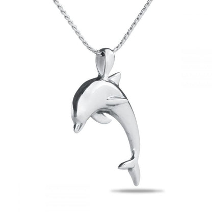 Sterling silver dolphin-shaped cremation pendant with a bright polished finish, on a chain