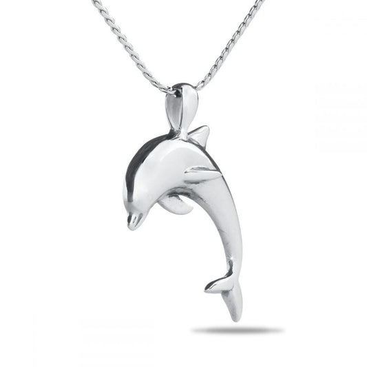 Sterling silver dolphin-shaped cremation pendant with a bright polished finish, on a chain