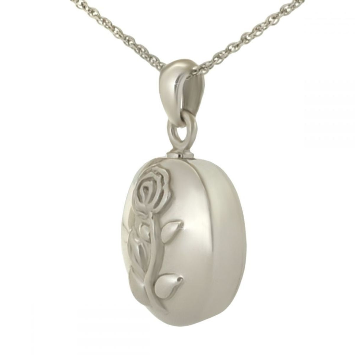 Silver pendant with a raised rose in bloom on the front, petals layered in relief