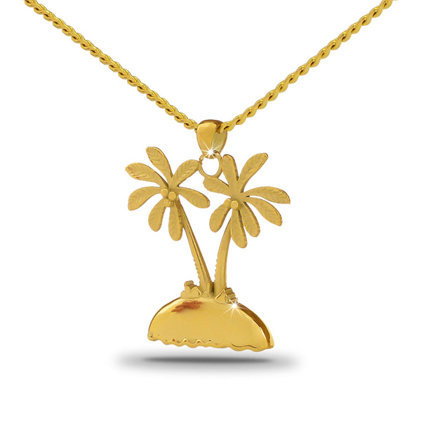 Gold-toned steel pendant formed from two overlapping leaves with veined detail