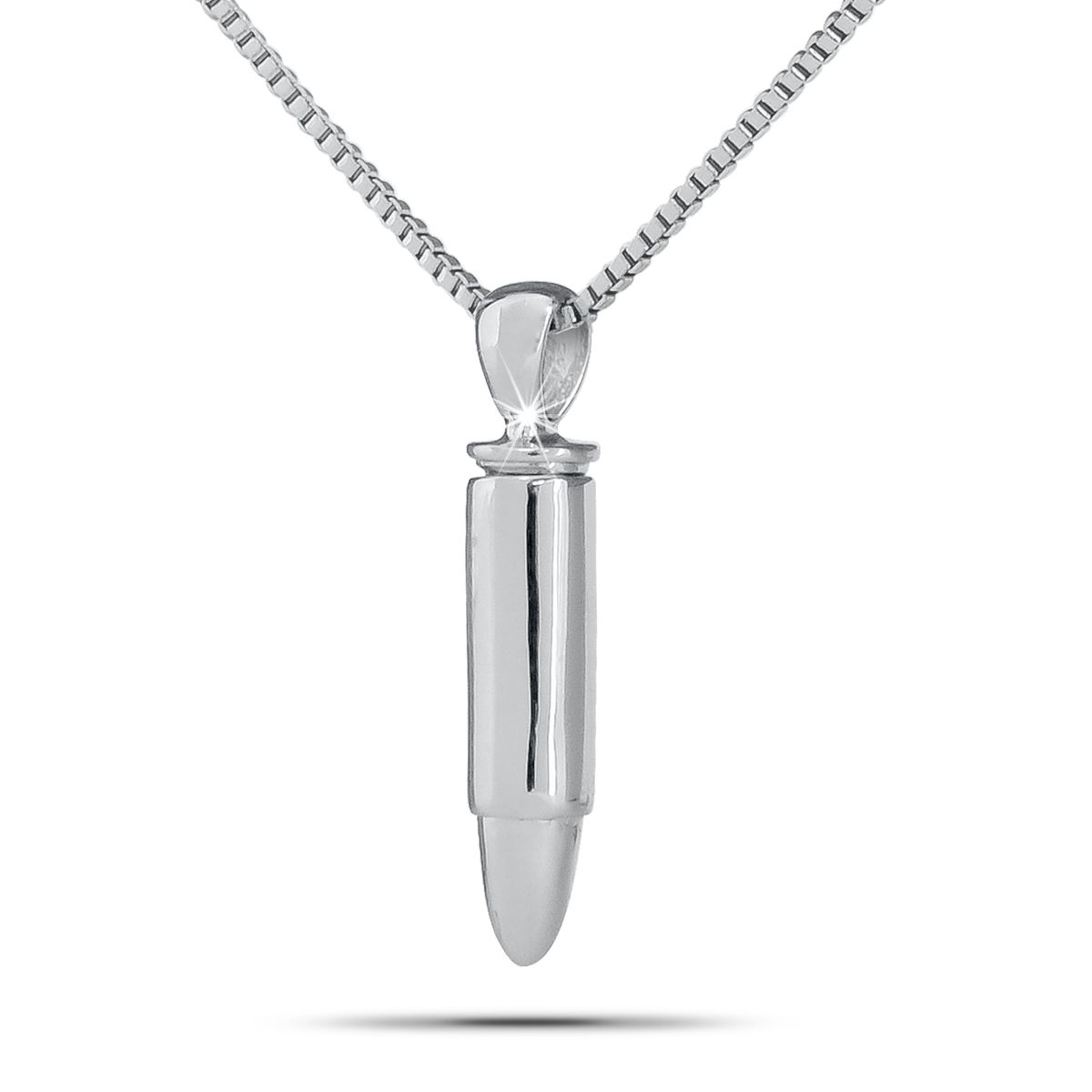 Small polished stainless steel bullet shaped cremation pendant about one inch long