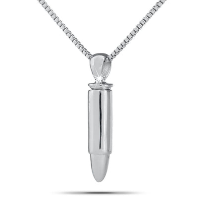 Small polished stainless steel bullet shaped cremation pendant about one inch long