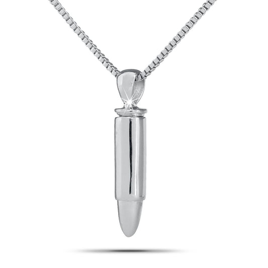 Small polished stainless steel bullet shaped cremation pendant about one inch long