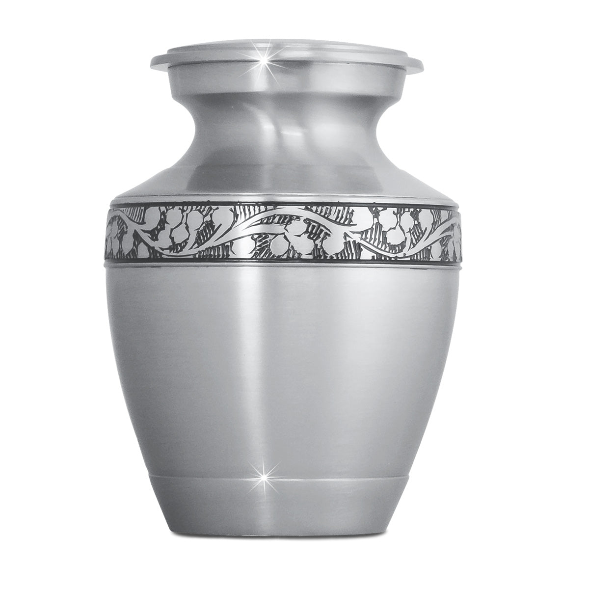 Small brass urn with a rounded body, tapered foot and a threaded lid at the top