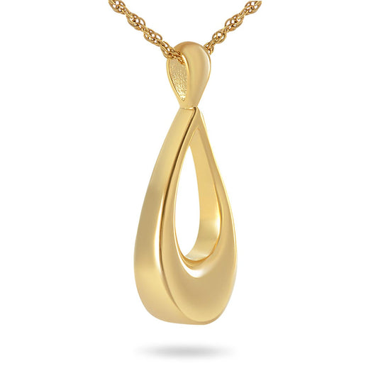 Gold-finished steel teardrop pendant with a smooth unbroken front tapering to a point