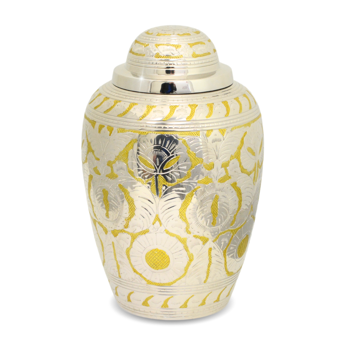 Gold-finished brass cremation urn with a square base and a detailed band around the shoulder