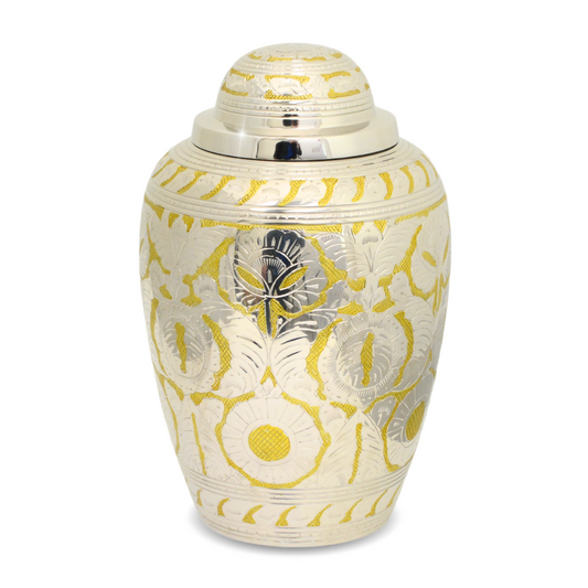 Gold-finished brass cremation urn with a square base and a detailed band around the shoulder