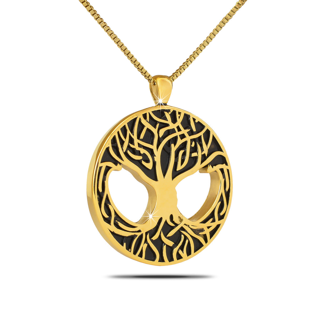 Round gold-toned steel pendant with an openwork tree, branches above and roots below