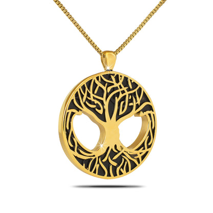 Round gold-toned steel pendant with an openwork tree, branches above and roots below